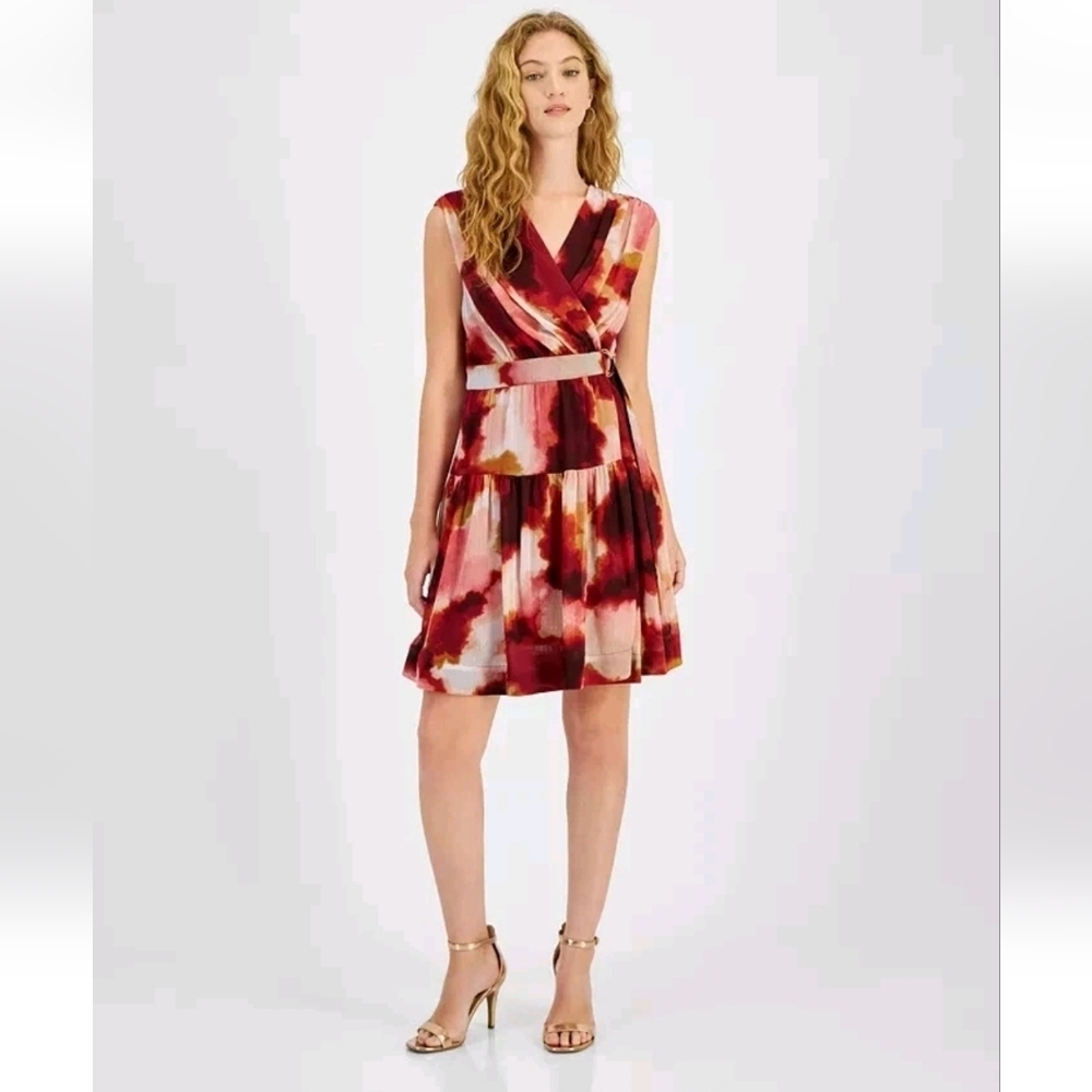 Taylor Abstract Print Serena Sleeveless V-Neck Ruffle Tiered Mini Dress Small